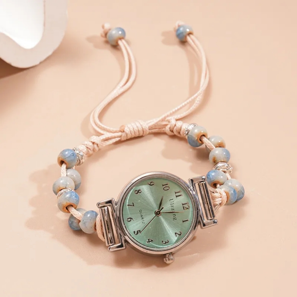 Ceramic Green Dial Beaded Bracelet Watch With Wax Rope - Picture 1 of 12